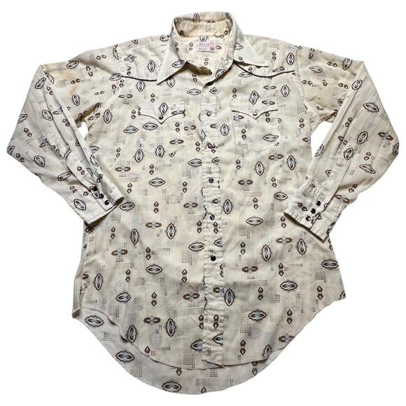 Vintage 1980's Long Tail Aztec Western Wrangler Cowboy Pearl Snap Size Large - Picture 1 of 5